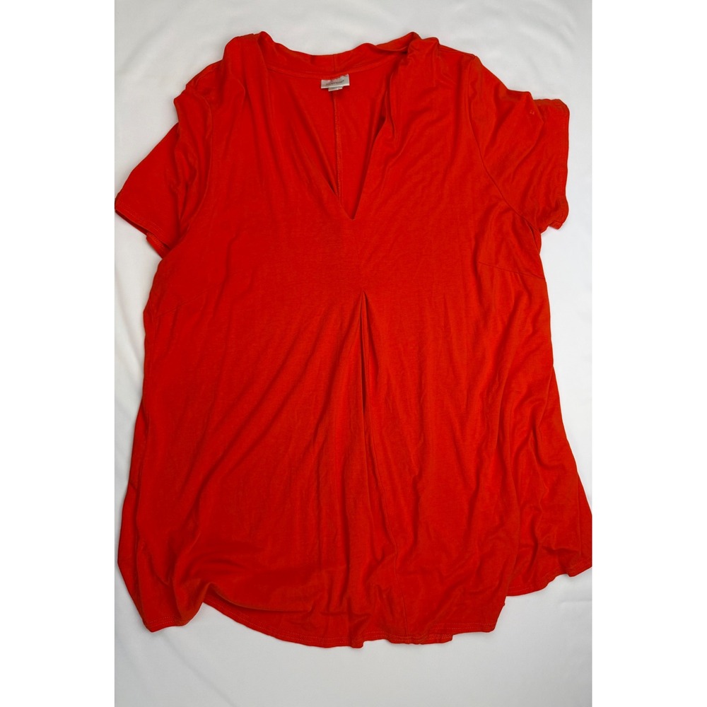Avenue Womens Plus Size 22/24 Red Orange V-Neck Pleated Front Short Sleeve Top
